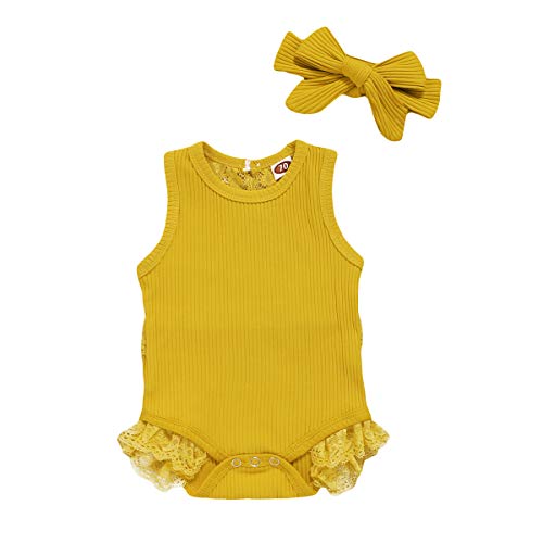 YOUNGER TREE Newborn Baby Boy Girl Romper Bodysuits Cotton Long Sleeves Sleeveless Solid Romper Onesie Outfits Clothes (Yellow-lace Back, 18-24 Months)