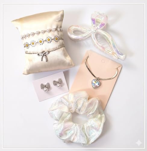 Image of Styling Fashion Accessories Hamper White Stone Nacklace Chain, Earring, 3 Hand Braclates and Clutcher with Box (Pack of 7)