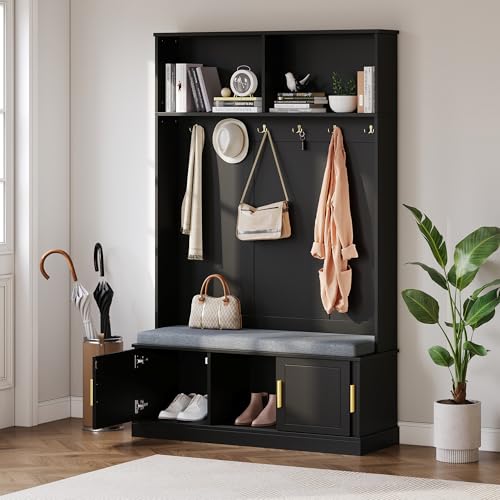 ECLIVON Conjunto de Recibidor de Entrada con 6 Ganchos, Perchero de Pared con Schuhbank y Banco Zapatero, Juego de Mueble Recibidor con Espacio de Almacenamiento y Puertas, 191x120x40 cm (Negro)
