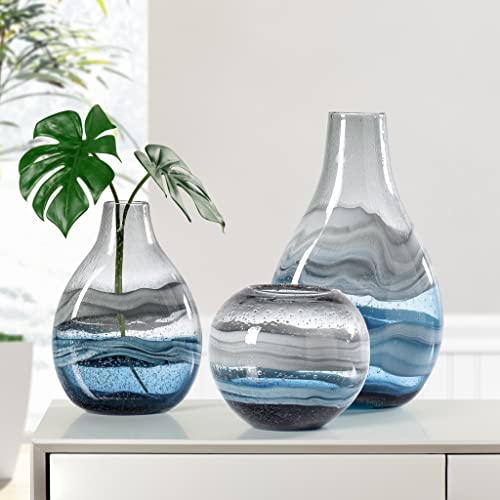 Torre & Tagus Andrea Handmade Swirl Glass Bulb Vase For Home Decor Living Room Centerpiece & Home Office, Tall, Blue #TOP3