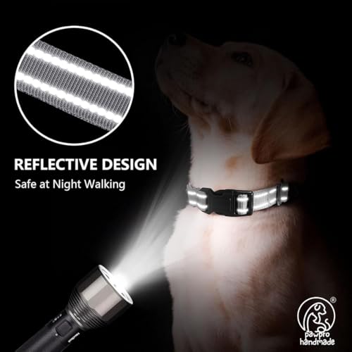 Image of PAWPRO HANDMADE Reflective Dog Collar with Customizable Bone-Shaped Tag - Adjustable for Safety and Comfort, Fits 35-50 cm Neck - Black (Silver, Large)