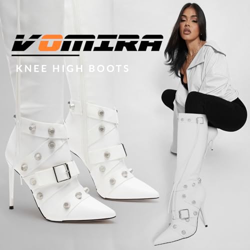 VOMIRA Stiletto Boots for Women Knee High Boots Pointy Toe High Heels Side Zipper Bucke Revets Tassel Boots Sexy Ladies Dressy Party Boots2