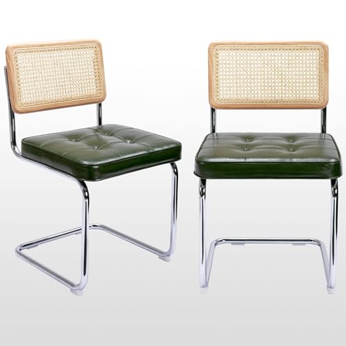 Image of Zesthouse Natural Rattan Dining Chairs Set of 2, Mid Century Modern Dining Room Chairs with Chrome Leg, Faux Leather Kitchen Chair with Solid Wood Back & Cane Mesh, Breuer Cesca Design Inspired, Green