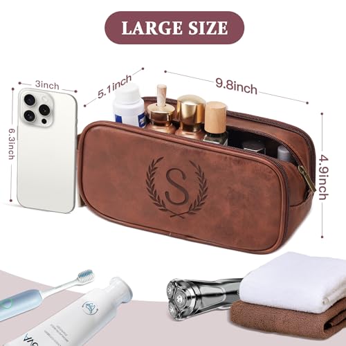 Janhavi Gifts for Father's Day, Waterproof Laser Engraved Initials & Wheat, Make Up Bag for Traveling, Men's Accessories Organizer, Groomsmen Gifts for Him, Travel Essentials(Medium, Red Brown, K)3