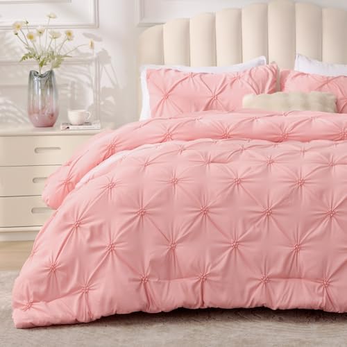 BEDELITE Pink Comforter Set Queen - 3 Pieces Boho Pintuck Bedding Comforter Sets, Lightweight Soft &...