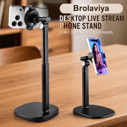 Image of BROLAVIYA 2-in-1 Magnetic & Clip Phone Stand for Desk, Adjustable Height Mobile Holder, MagSafe-Compatible Mount with Phone Clamp, 360 Rotation for Live Streaming, Recording, Video Calls & Cooking