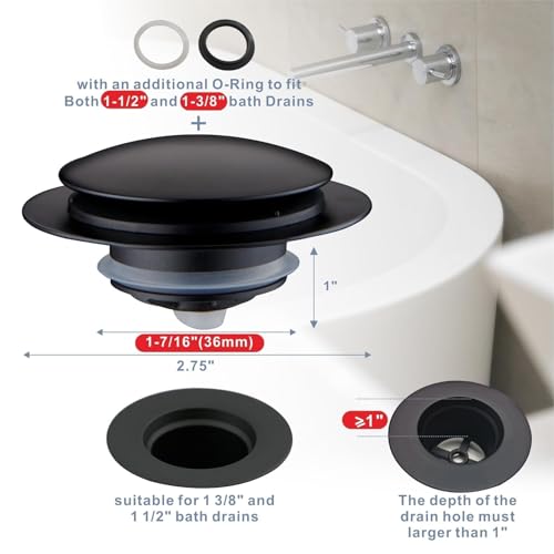 Image of HIDROP Tub Drain Stopper, Universal Pop Up Bathtub Drain Stopper, Black | Brass Tub Drain, Fit 1-1 /2 inch and 1-3 /8 inch Tub Drain, Replace Lift and Turn, Tip-Toe and Trip Lever Drains for Tub, EZ Install