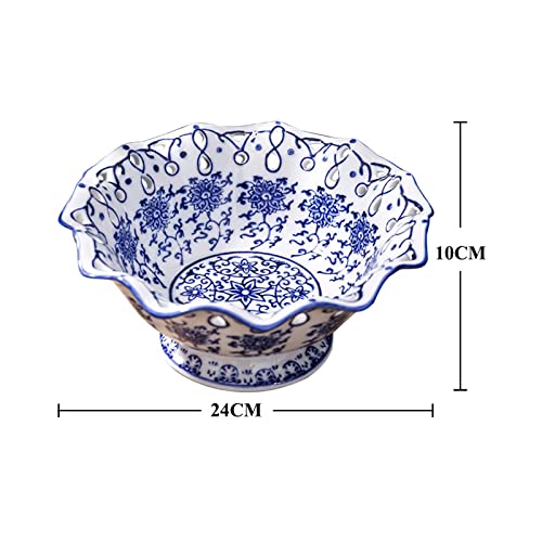 Fruit Bowl Fruit Serving Plate Blue And White Porcelain Decoration Bowl With Foot For Living Dining Drawing Room, 24Cm (Blue&White-With Foot) #TOP2