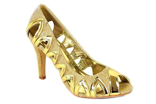 Señoras mujeres recortadas ver a través de peep toe brillante resbalón en zapatos de tacón de aguja, color Dorado, talla 36 EU