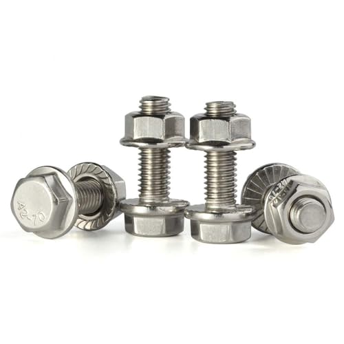 Image of M6-1.0 x 10mm Flanged Hex Head Bolts Hexagon Screws with Serrated Flange Nuts, Fully Threaded, Stainless Steel 304, 20 Sets