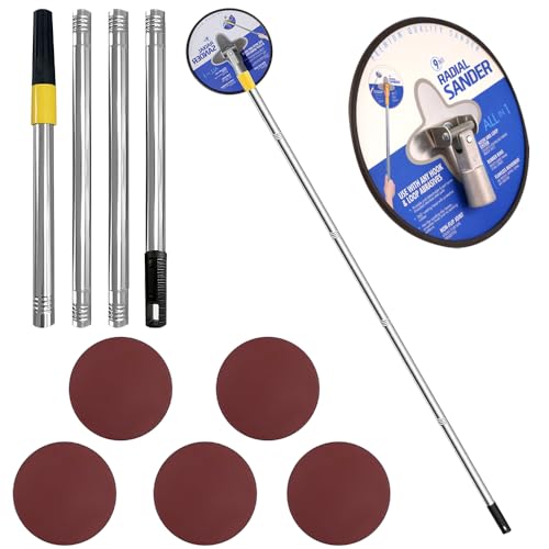 Nzkeuf Pole Sander Kit for Drywall, 9In Dry Wall Sander with 71In Extension Pole, 360° Rotation Radial Sander and 5 Sanding Sheets (80,100,120,180,240 Grit), Pole Sanding Tool for Wall and Ceiling