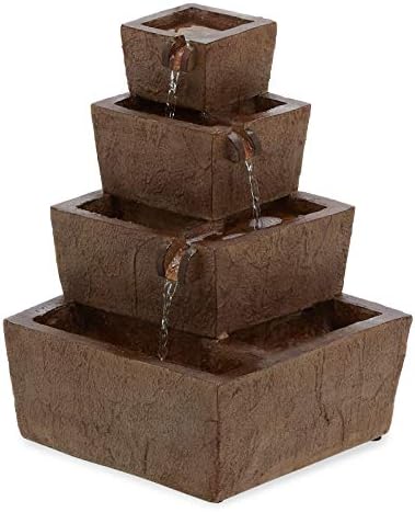 Rustic Gray Stone Look Outdoor Water Fountain Patio Garden Feature Tiered Solar Powered Square Freestanding