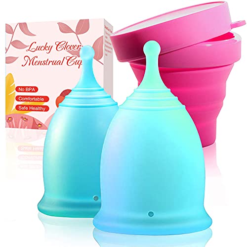 LUCKY CLOVER Feminine Menstrual Cups: Set of 2 with Collapsible Silicone Foldable Sterilizing Cup for Menstrual Cups and Storing Your Menstrual Cup Reusable for Travel(Blue)