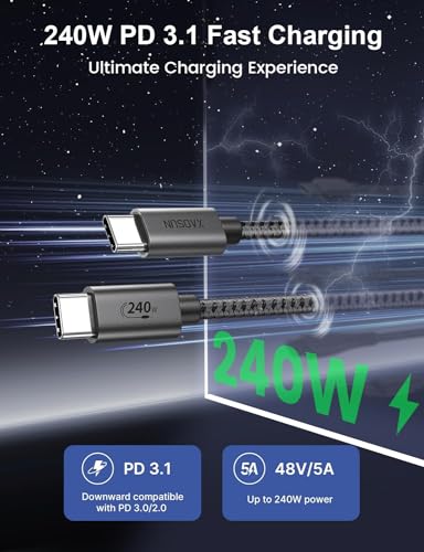 XAOSUN 240W USB C to USB C Cable 4.9FT, 1.5M USB C Charger Cable PD3.2 48V 5A, Braided Fast Charging Type C Cable for iPhone17 16 15, MacBook Air/Pro, iPad, Steam Deck, Laptop…(2-Pack) - Image 2