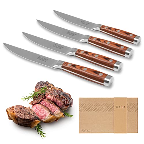 Ausker - Couteaux à Steak en Acier Inoxydable avec Manche en Bois, Parfaits pour Couper la Viande, Lames Résistantes et Durables (Set de 4)