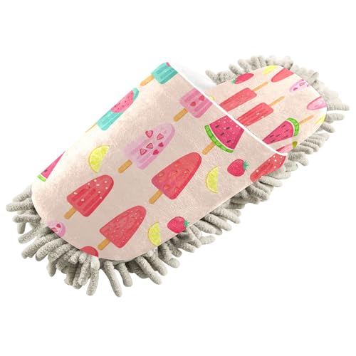 Kigai Colorful Ice Cream Popsicles Mop Slippers for Floor Cleaning, Slippers for Women Men, Microfiber Floor Cleaning, M