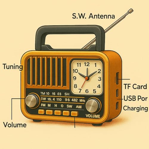 Image of FM Radio with Bluetooth Speaker with Powerful Sound | Vintage Style | Antenna 6w-12 Hours and Clock Design | USB Charging | AUX, SD Card, USB Input | Vintage-S669