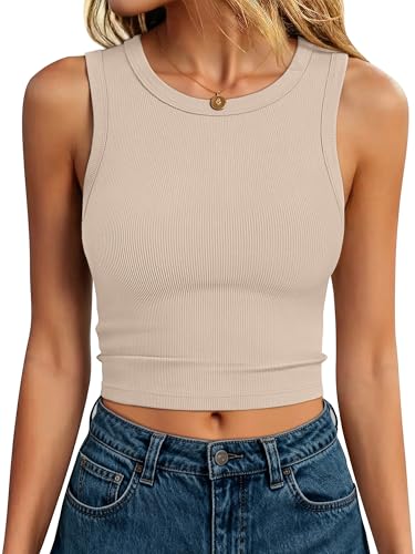 ANRABESS Womens Crop Tank Tops High Neck Sleeveless Ribbed Knit Slim Fit Shirts 2026 Summer Casual Basic Workout Clothes Beige Medium