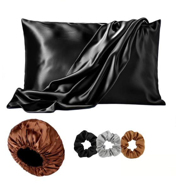 Image of Satin Pillow Cover with Silk Bonnet & 3 Premium Scrunchies - Hair & Skin Care Set for Women - Anti-Frizz Sleeping Combo - Gift Pack (Black)
