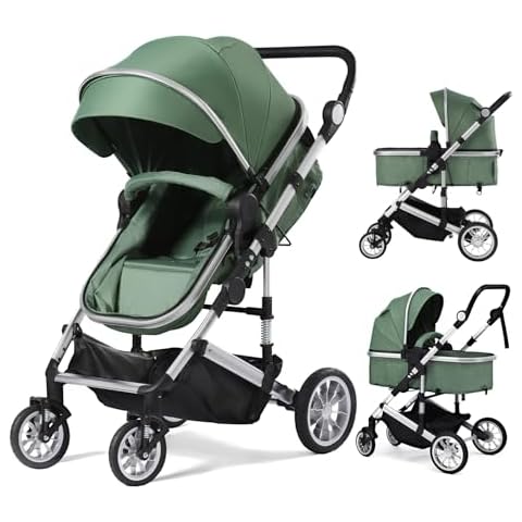 2-in-1 Convertible Baby Stroller with Bassinet Mode, Toddler Stroller with Reversible Seat, Foldable Infant Stroller with Adjustable Canopy, Cup Holder, Mommy Bag, Bassinet Pram for 0-36 Months, Green Cover