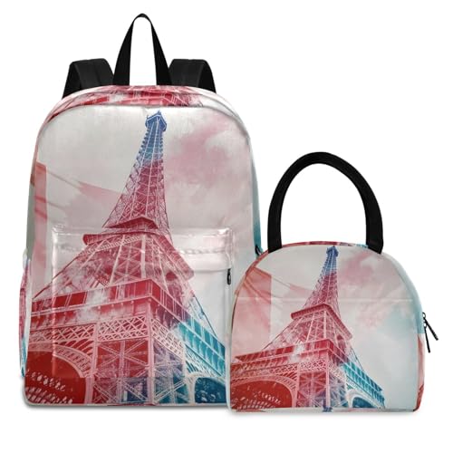 Backpack Lunch Box Set Large Capacity Travel Backpacks and Insulated Lunch Bag for Commute Hiking Picnic Eiffel France Print