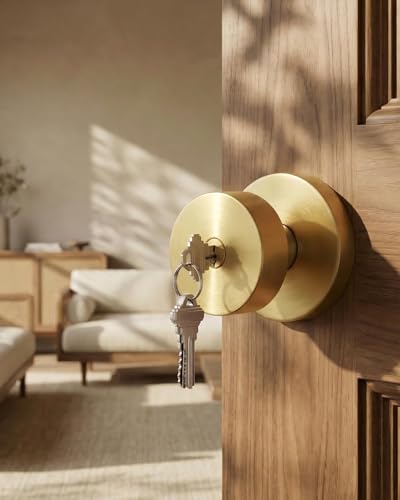 Image of Haidms Gold Door Knobs with Key, Heavy-Duty Zinc Alloy Keyed Entry Door Knobs Exterior, Brushed Gold Front Door Knob with Lock, Keyed Different, 6 Pack
