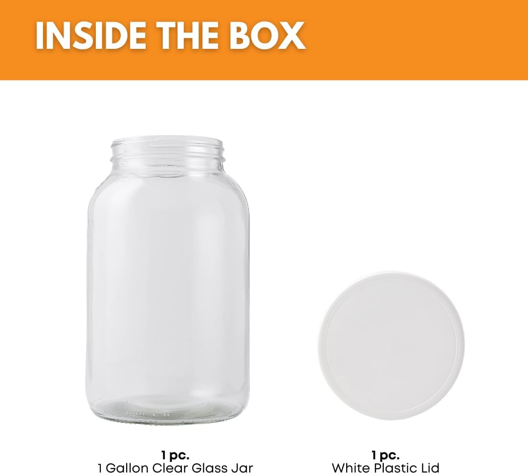 FastRack 1 Gallon Mason Jar with White Airtight Lid | Regular Glass Canisters with Airtight Lids | Large Mouth Glass Jar for Food Storage, Canning, Fermentation, Pickling