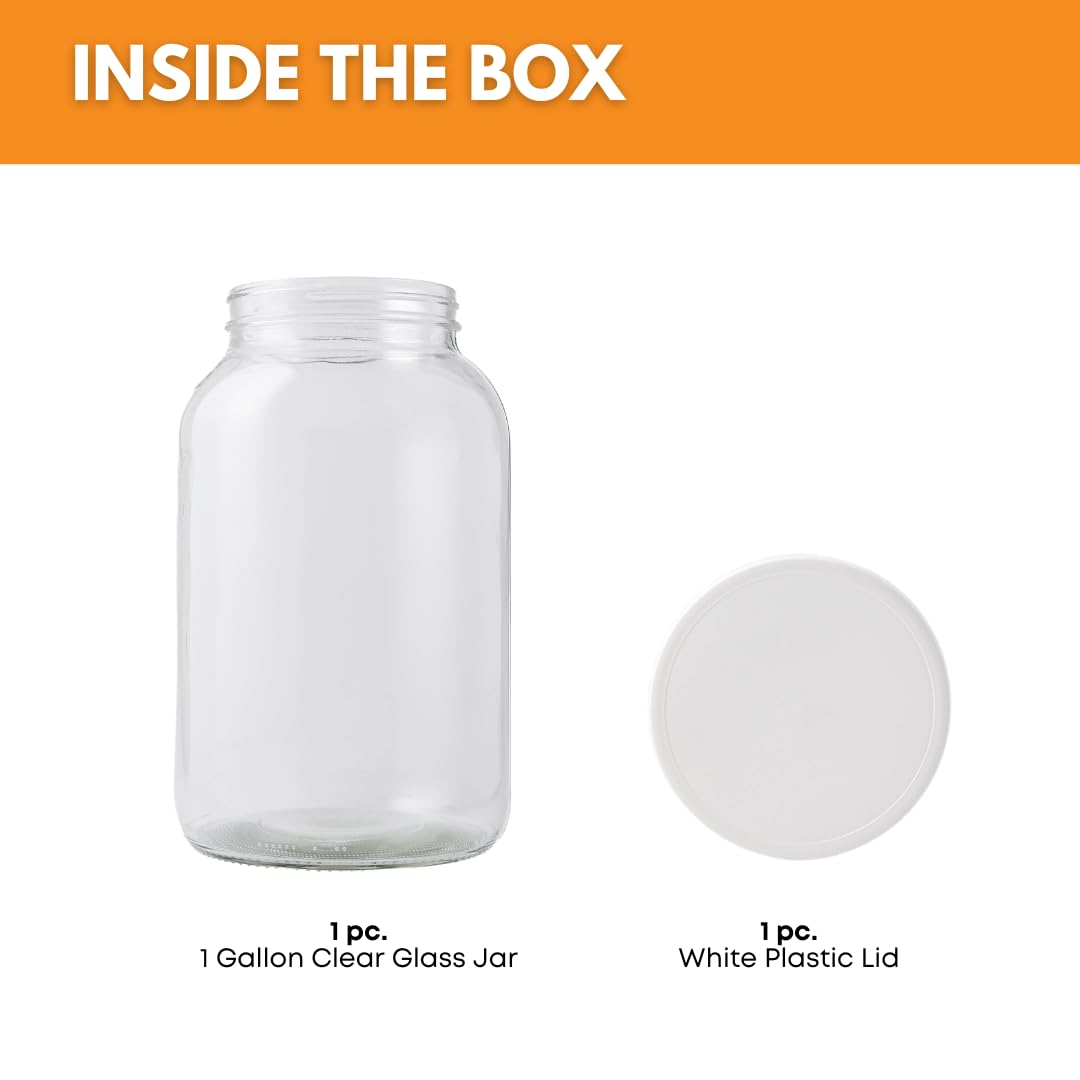 FastRack 1 Gallon Mason Jar with White Airtight Lid | Regular Glass Canisters with Airtight Lids | Large Mouth Glass Jar for Food Storage, Canning, Fermentation, Pickling