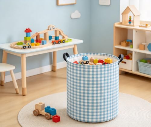 Image of Girls Laundry Basket Baby Nursery Hamper Toy Storage Bin(Blue Gird)