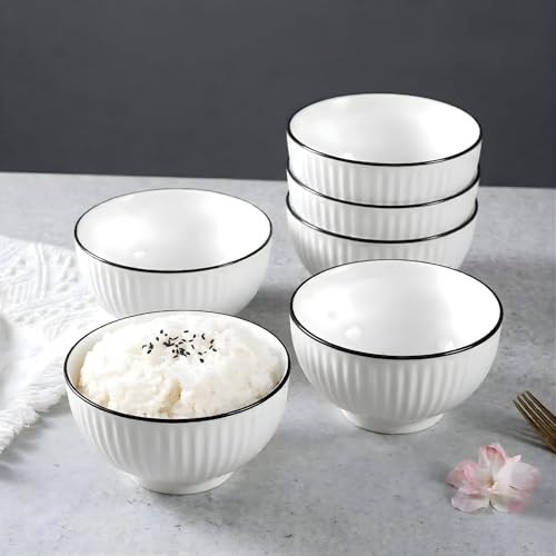 Image of Elegant White Ceramic Dessert Bowls with Black Rim - Set of 6, Ribbed Design, Perfect for Ice Cream, Desserts, Snacks, and More