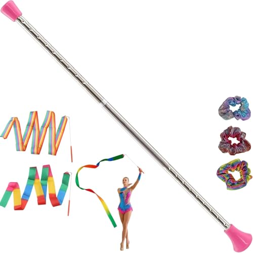 Quynhni Dance Baton Batons for Twirling 22 inches Stainless Steel Material Gymnastics Wand and 3 Rainbow Hair Bands Suitable for Beginners Silver and Pink (1 Pink 20)