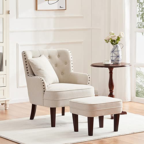 Huimo Accent Chair With Ottoman And Pillow, Living Room Club Chair And Ottoman Set With Bronzer Nail Head Trim Wooden Legs, Comfy Reading Chair For Bedroom, Upholstered Button Tufted Armchair (Beige) #TOP3