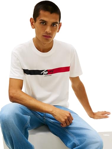 Tommy Jeans Herren T-Shirt Kurzarm Signature Stripe aus Baumwolle, Weiß (Ecru), XL – Ansicht 4