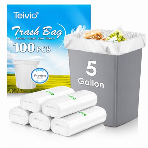 Teivio 5 Gallon 100 Counts Strong Trash Bags Garbage Bags Bathroom Trash Can Bin Liners Small Plastic Bags for Home Office Kitchen Kitchen Clear
