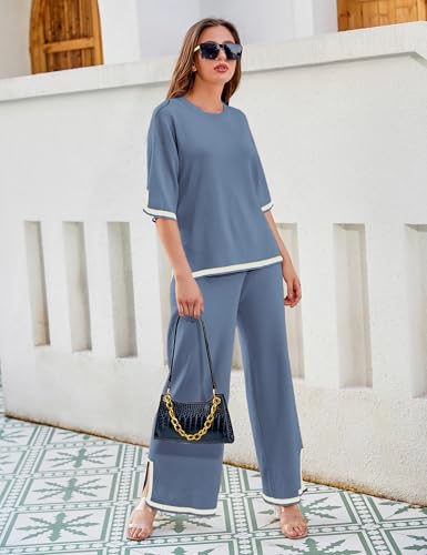Image of Tanming Sweater Sets Women 2 Piece Lounge Sets Short Sleeve Knit Pullover Tops Wide Leg Pants