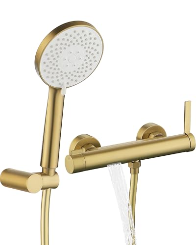 Mitigeur baignoire cascade or brossé avec douchette à main et flexible 1,5m