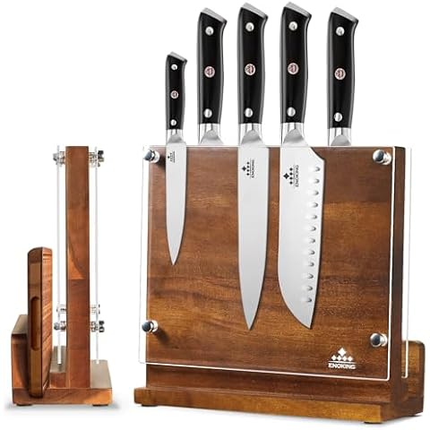 ENOKING Magnetic Knife Block with Acrylic Shield, Double Side Kitchen Knife Holder without Knives- Acacia Wood Universal Knife Storage Organizer with Powerful Magnet for Kitchen Counter Cover
