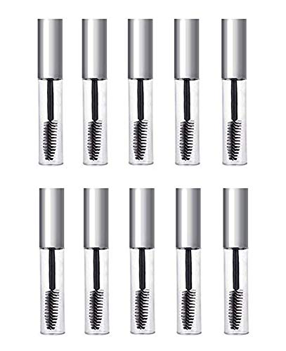 10 botellas vacías de plástico transparente para pestañas de 0.33 onzas, contenedor de rímel rellenable con tapón interior y tapa plateada