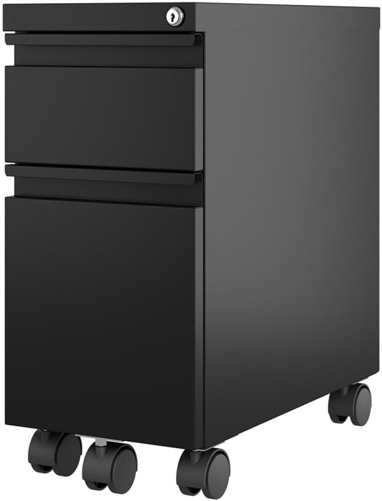 Pemberly Row Mobile Zip Pedestal 2-Drawer Filing Cabinet, 21.75" H x 10" W x 19.88" D, Durable Steel in Black, Box/File Drawer Configuration with Casters, Office Storage for Letter or Legal Files
