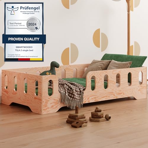smartwood Letto Montessori 60x120 Letto per Bambini in Legno FSC TILA 2L con Sponda Anticaduta e Rete a Doghe Fino a 230 kg – Per Bambino e Bambina – Montaggio Facile