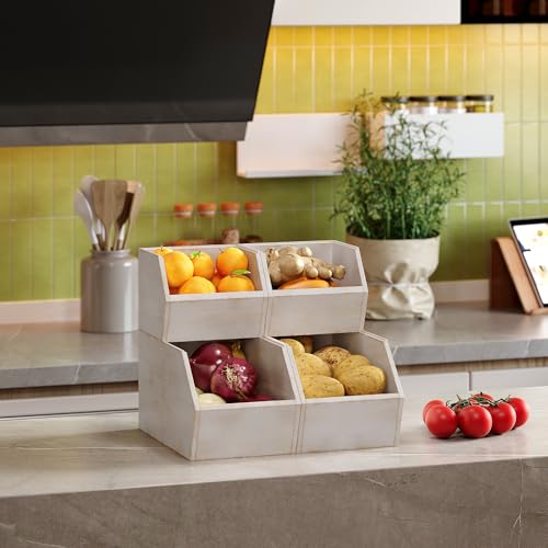 Trironsun 2 Set Bamboo Pantry Storage Bins Wood Stackable Baskets Potato and Onion Storage Bins Fruits Vegetable Bread Organization for Kitchen Counter - Image 2