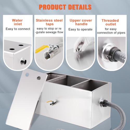 YUCHENGTECH Commercial Grease Trap 50L Stainless Steel Grease Trap Water Oil Filter Separator with 2 Top Inlets and Cleaning Brush for Home Restaurant Canteen Kitchen Sink with Baffles 60x29x29cm - Image 3