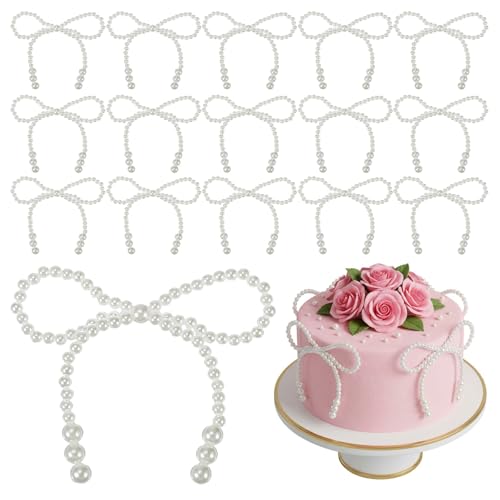 RAHHLIZS 16 Pcs Pearl Bows Cake Toppers Pearls Bows for Bouquets White Pearl Bow for Cupcake Toppers Bridal Showers Birthday Valentines Day and Party Supplies