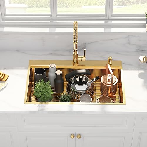 33 inch Gold Workstation Drop-in Kitchen Sink,HERCATE Single Bowl Polished Brass Matte Gold Topmount 16 Gauge Stainless Steel Sink