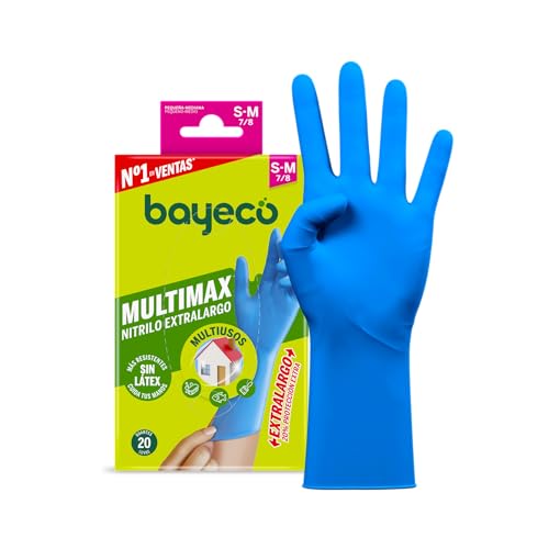 Bayeco Multimax- Guantes de nitrilo extralargo - color azul - 20 unidades - Desechable - Ambidiestro- tallas S/M