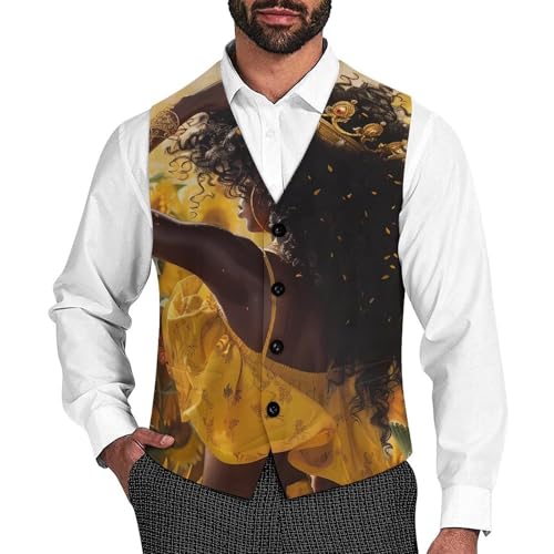 Black Queen African American Sunflower Men's Suit Vest Waistcoat Vests Formal Dress with 2 Pockets for Business Casual Tuxedo