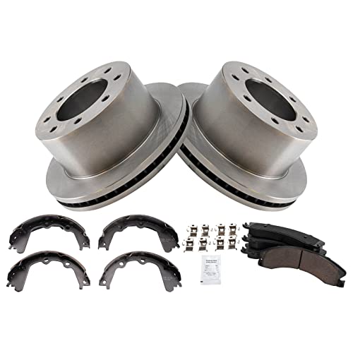 Image of TRQ Rear Brake Pad & Rotor Kit Parking Brake Shoe Set Ceramic Compatible with 2013-2017 Chevrolet Silverado 3500 HD GMC Sierra 3500 HD