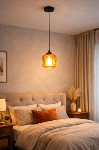 Image of Premium Amber Glass Hanging Pendant Light (Pack of 1) | Elegant Ceiling Lamp Glow for Home & Bedroom, Living Room, Dining & Restaurant Cafe Decor
