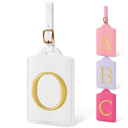 Image of Initial Letter Luggage Tags for Suitcases, Personalized Embroidered Letter Luggage Bag Suitcase Identifier Name Tag, Cute PU Leather Travel Luggage Tags, Bag Tags for Luggage Handbags(White O)
