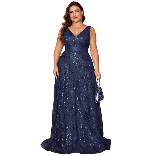 Image of Plus Size Formal Dresses for Women with Embroidery Sequin and V-Neck, A-Line Maxi Dress for Wedding and Cocktail